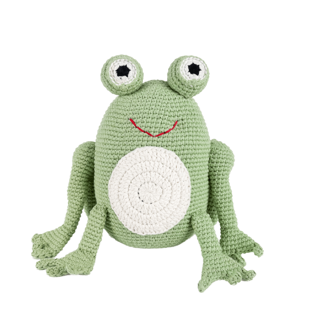 Hand-crocheted green frog toy with big eyes, red smile, and soft white belly. Cute cotton amigurumi friend for pretend play and pond stories.