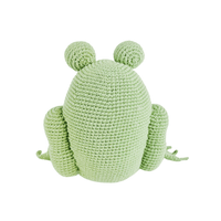 Back view of a light green amigurumi frog. Hand-crocheted from organic cotton with round eyes and small limbs, perfect for pretend play.