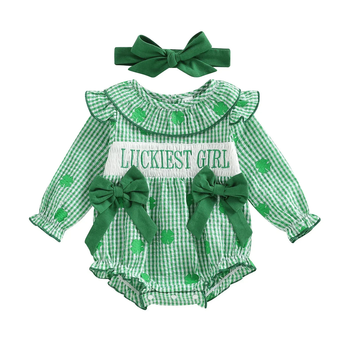 Green cotton frilly clover baby bubble romper with bows and matching headband