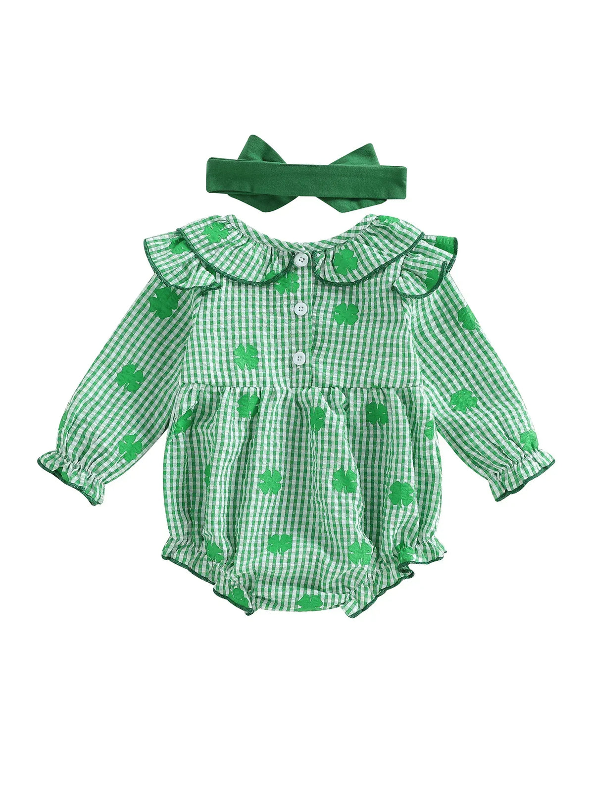 Green and white cotton frilly clover baby bubble romper with long sleeves and matching headband