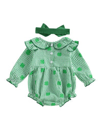 Green and white cotton frilly clover baby bubble romper with long sleeves and matching headband