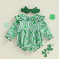 Green cotton frilly clover baby bubble romper with long sleeves and matching headband