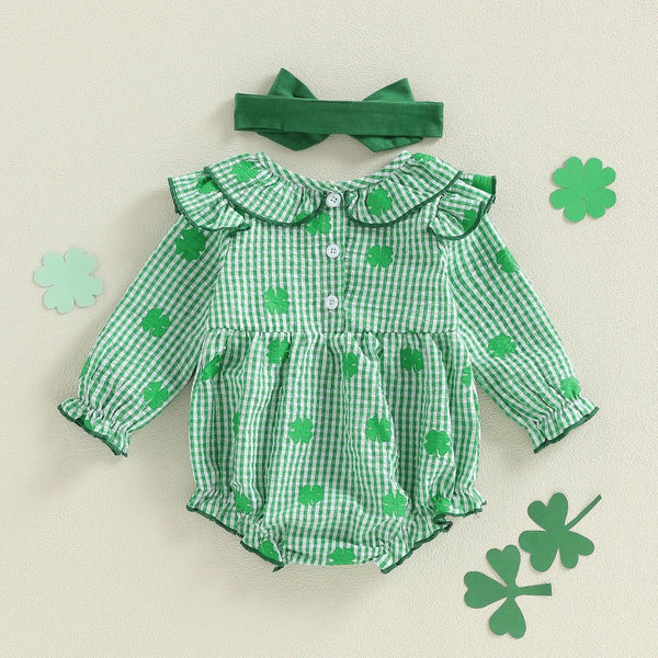 Green cotton frilly clover baby bubble romper with long sleeves and matching headband