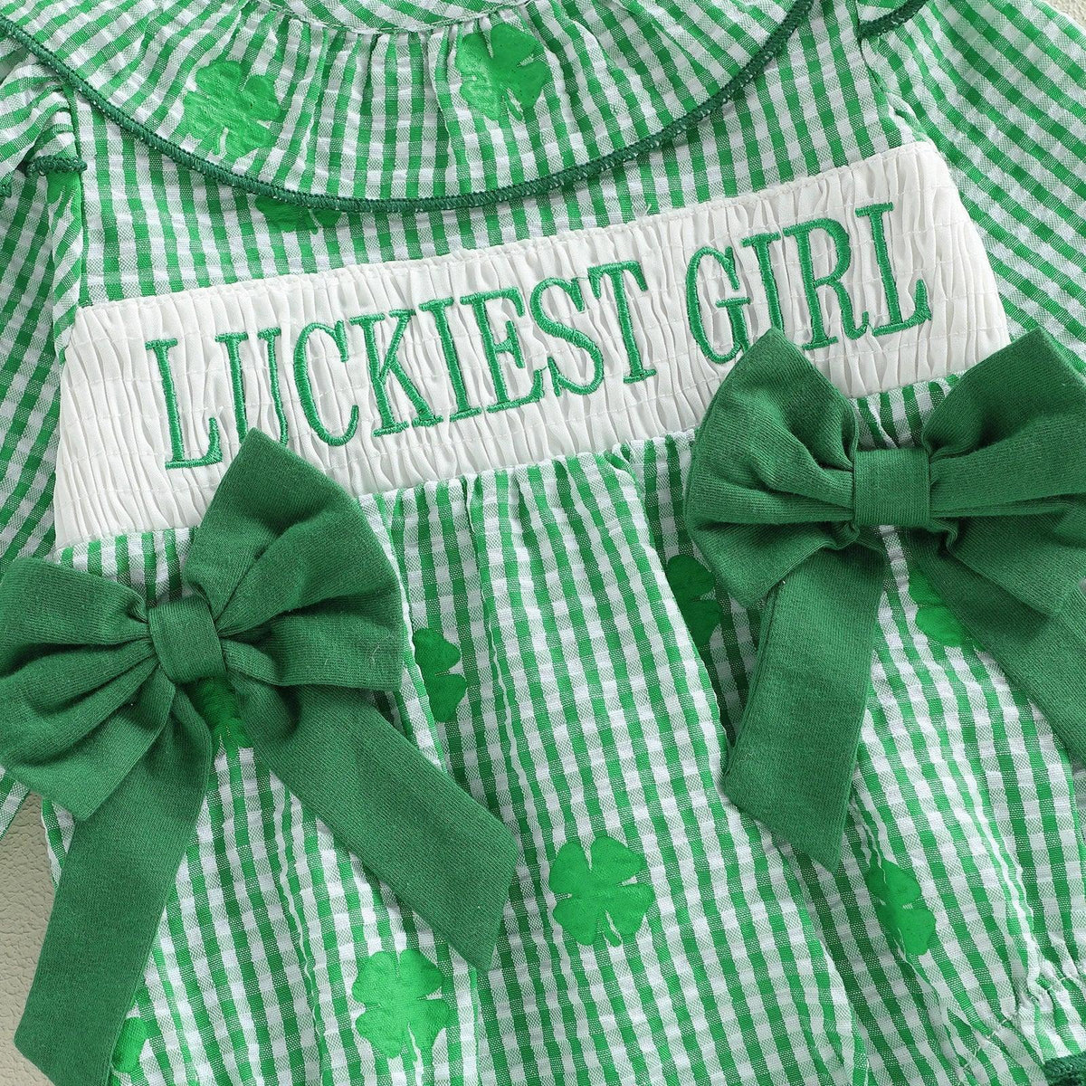 Green and white cotton frilly clover baby bubble romper with lucky girl embroidery and green bows
