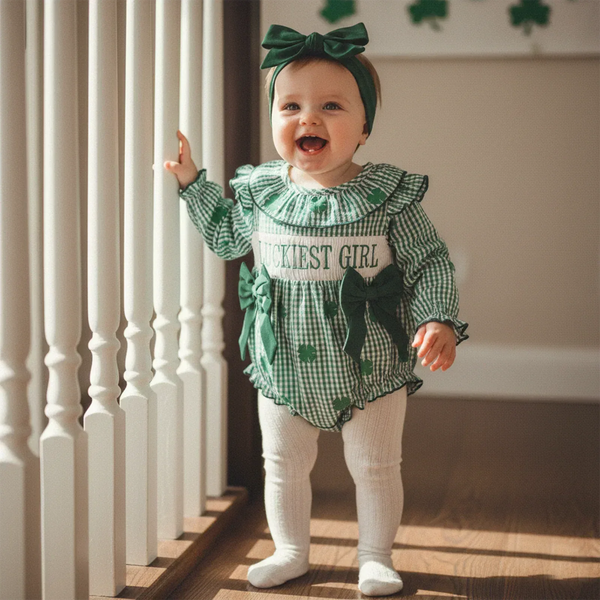 Green and white cotton frilly clover baby bubble romper with ruffles and bow details