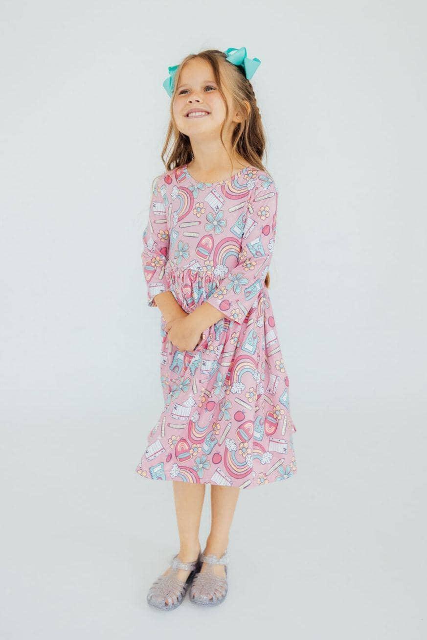 Girls pink 3 4 sleeve twirl dress with rainbow and floral print by Mila & Rose