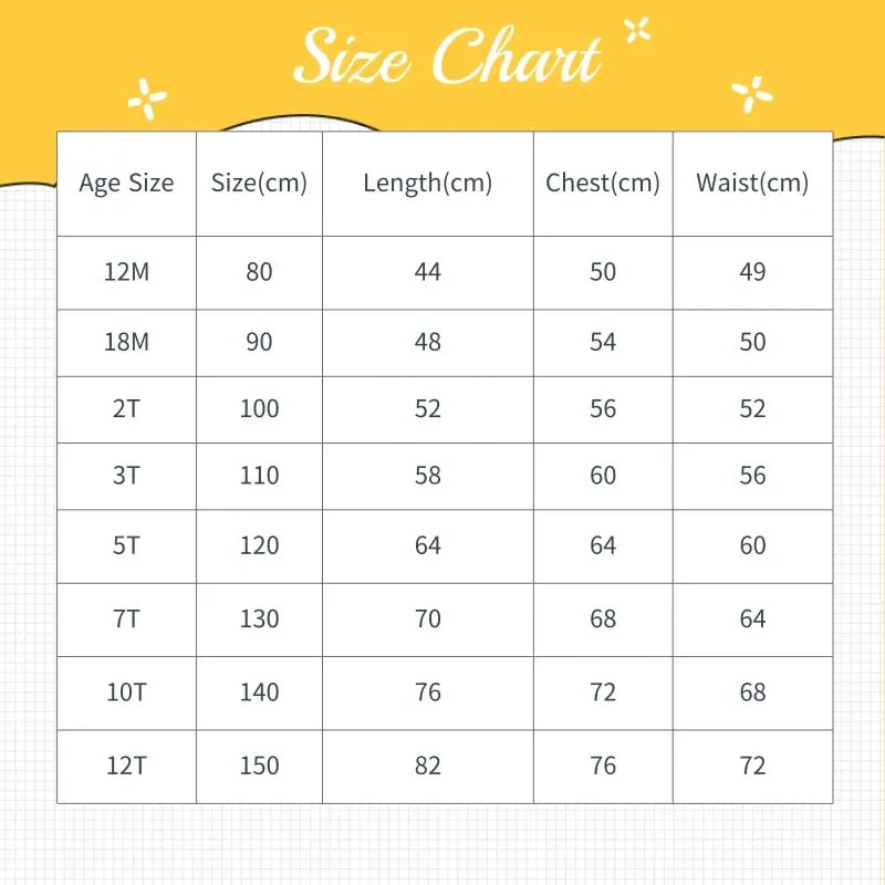 Size chart for girls 3D floral formal dress in various toddler and kids sizes from 12 months to 12T