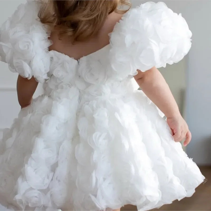 Girls white 3D floral formal dress with puff sleeves for toddlers
