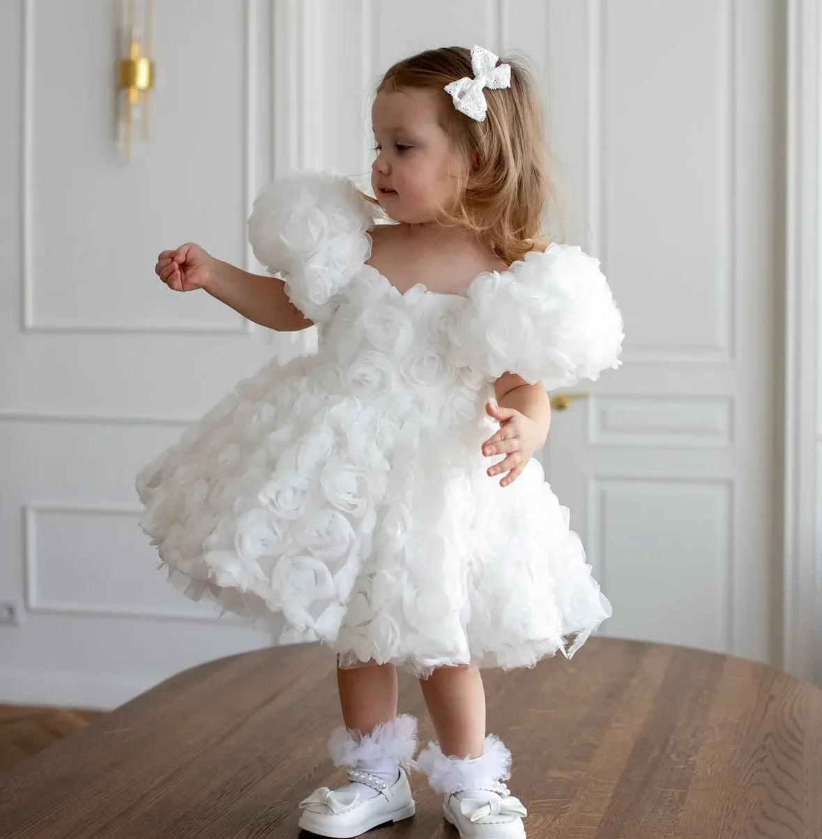 white girls 3D floral formal dress with puff sleeves for toddler size