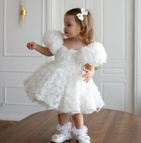 white girls 3D floral formal dress with puff sleeves for toddler size