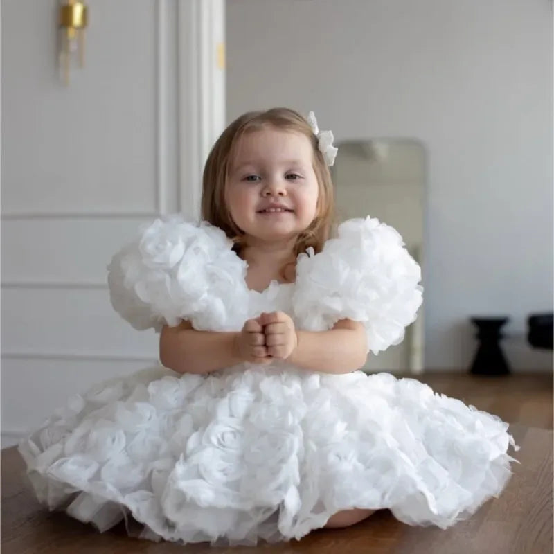 Girls 3D floral formal dress white with puff sleeves for toddlers