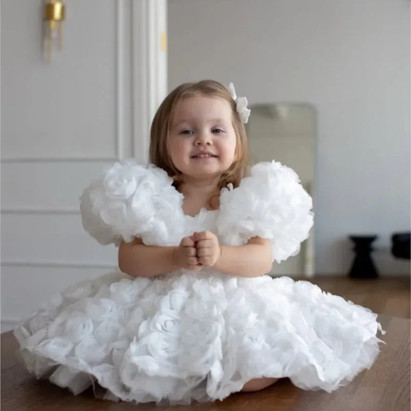 Girls 3D floral formal dress white with puff sleeves for toddlers