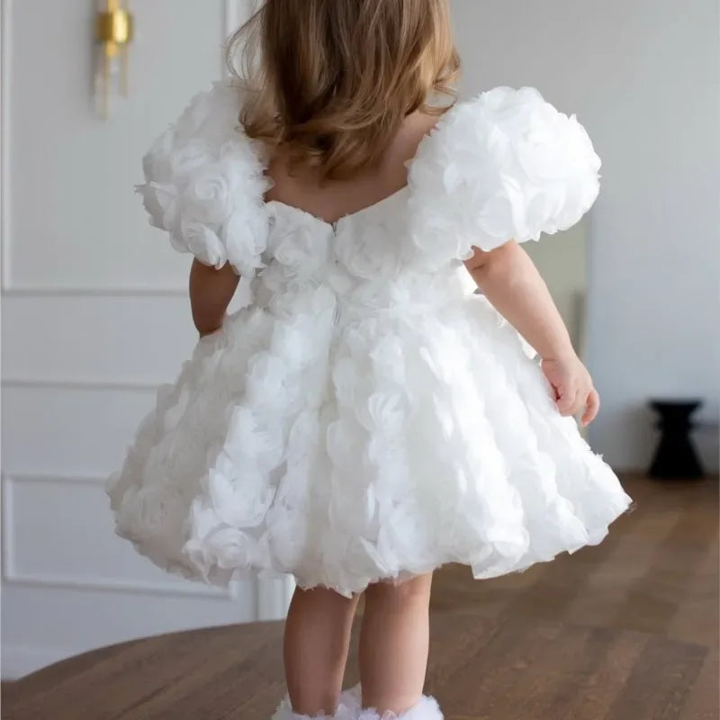 girls 3D floral formal dress in white for toddlers with puff sleeves and full skirt