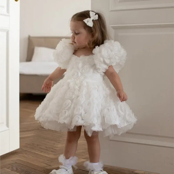 Toddler girls 3D floral formal dress in white with puff sleeves and textured floral design