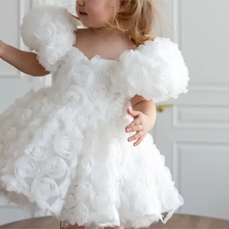 Girls white 3D floral formal dress with puff sleeves for toddlers