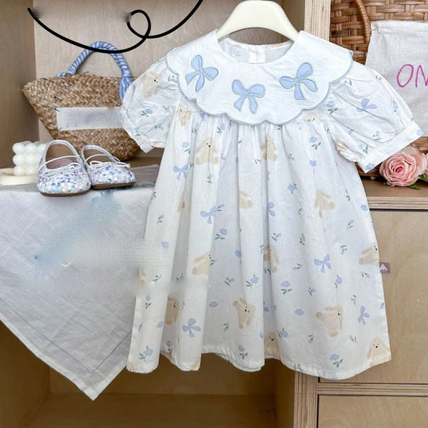 White baby girls a-line flower dress with blue bows hanging on a hanger next to floral baby shoes