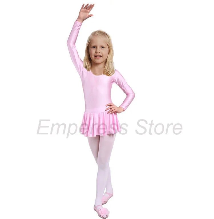 Girls pink ballerina tutu dress with long sleeves for kids, featuring a flared skirt and matching tights