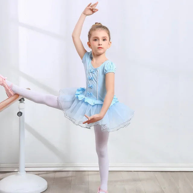 girls ballet tutu dress in light blue with puff sleeves and layered tulle skirt for kids