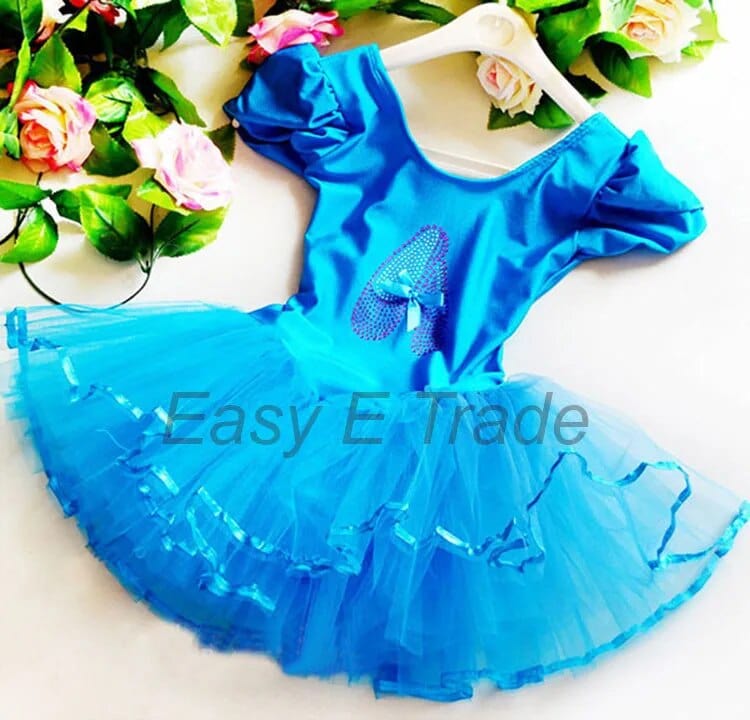 Girls blue ballet tutu dress with puff sleeves and rhinestone ballet shoe design for toddlers