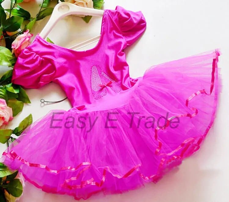 Girls bright pink ballet tutu dress with puff sleeves for toddlers and young kids