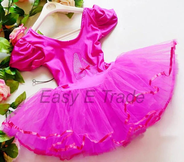 Girls bright pink ballet tutu dress with puff sleeves for toddlers and young kids