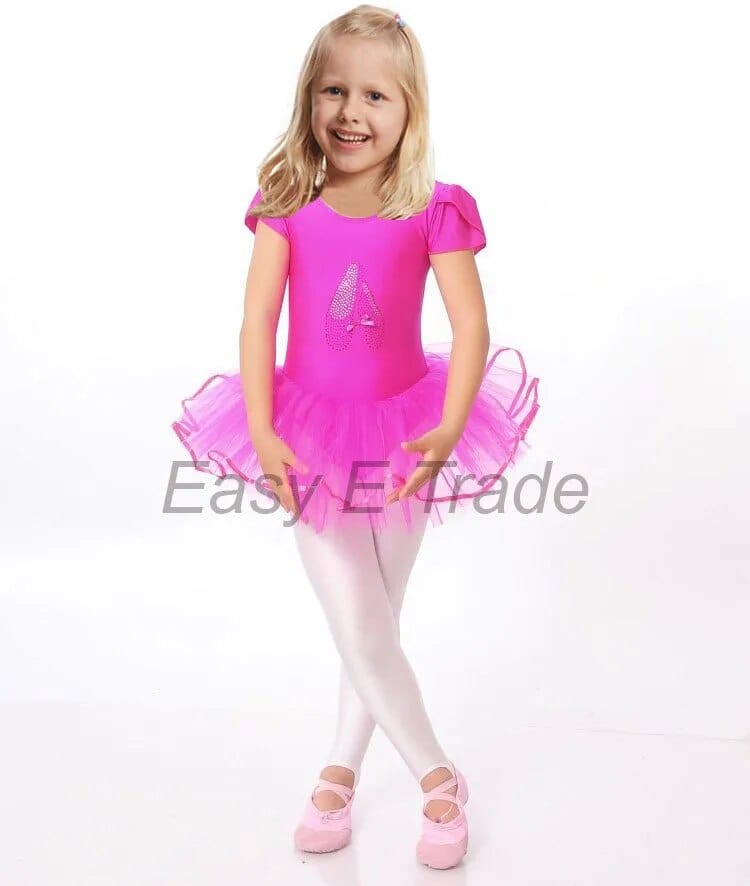 Bright pink girls ballet tutu dress with puff sleeves for toddlers featuring a glittery A detail