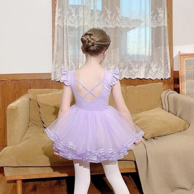 Girls lavender ballet tutu dress with ruffle sleeves and crossed back straps for kids