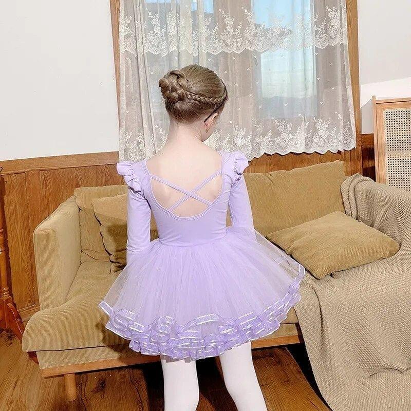 Lavender girls ballet tutu dress with long sleeves and crisscross back for toddlers and kids