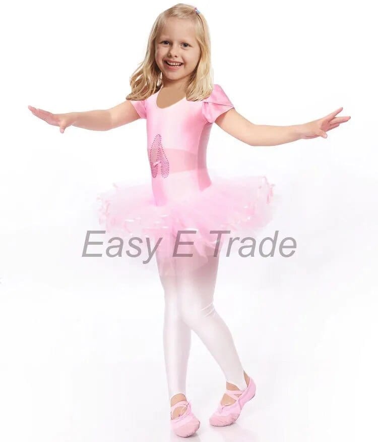 Pink girls ballet tutu dress with short sleeves and sequin ballet shoes detail for kids
