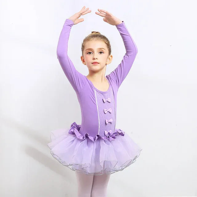 girls ballet tutu dress in lavender with long sleeves and bow accents for ages 4 to 6