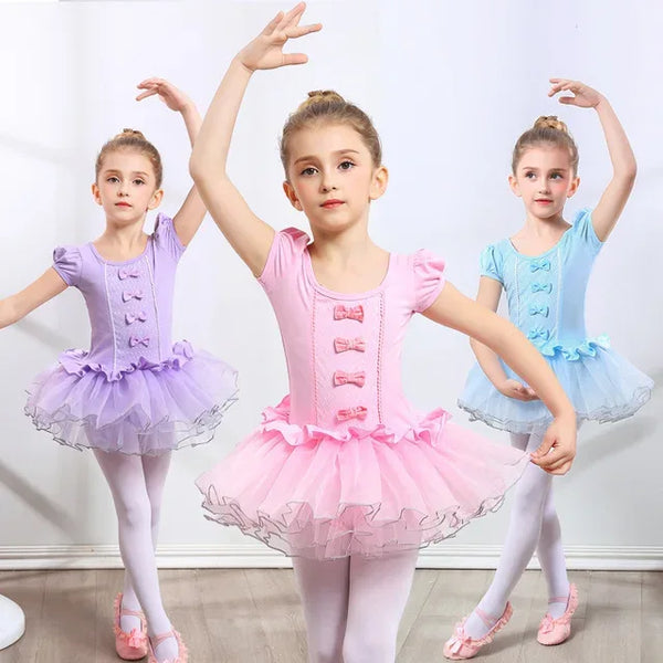 Girls ballet tutu dress in pink lavender and blue with ruffle sleeves and bow details for kids