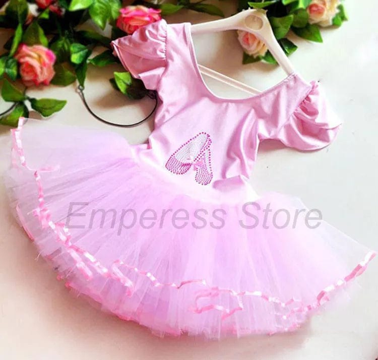 Pink girls ballet tutu dress with puff sleeves and rhinestone letter A for toddlers