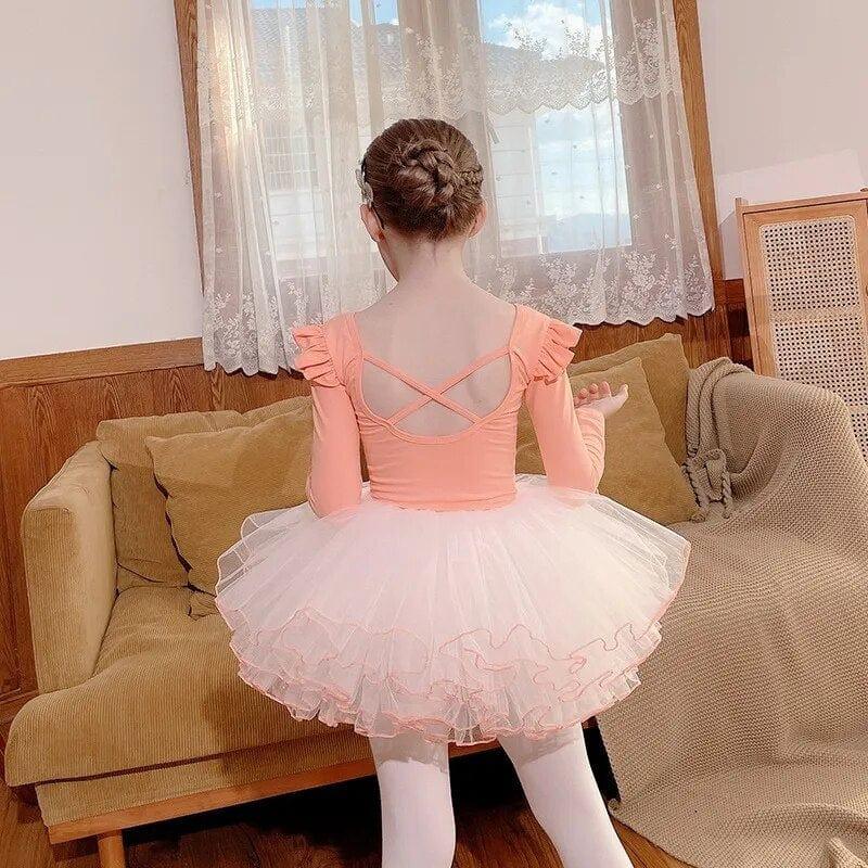 girls ballet tutu dress in pink with long sleeves and ruffle detail for kids