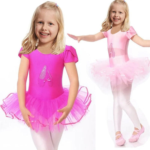 Girls ballet tutu dress in bright pink and light pink with short sleeves and glitter ballet shoe detail
