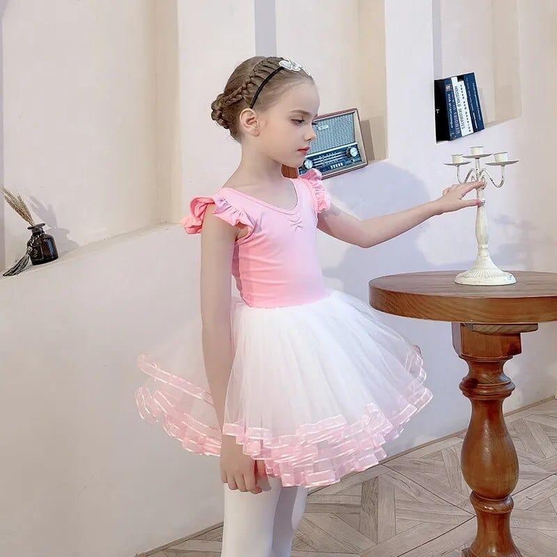 Girls pink and white ballet tutu dress with ruffle sleeves for young dancers