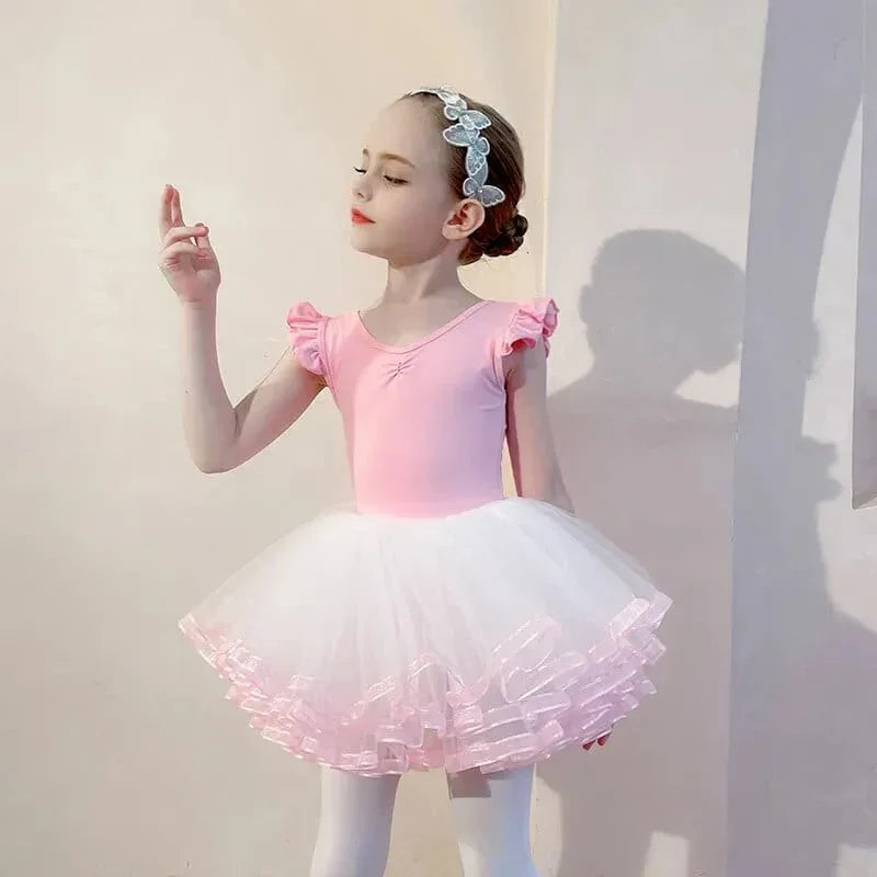 Pink and white girls ballet tutu dress for kids with ruffled sleeves and layered tulle skirt