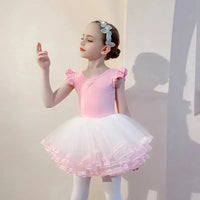 Pink and white girls ballet tutu dress for kids with ruffled sleeves and layered tulle skirt