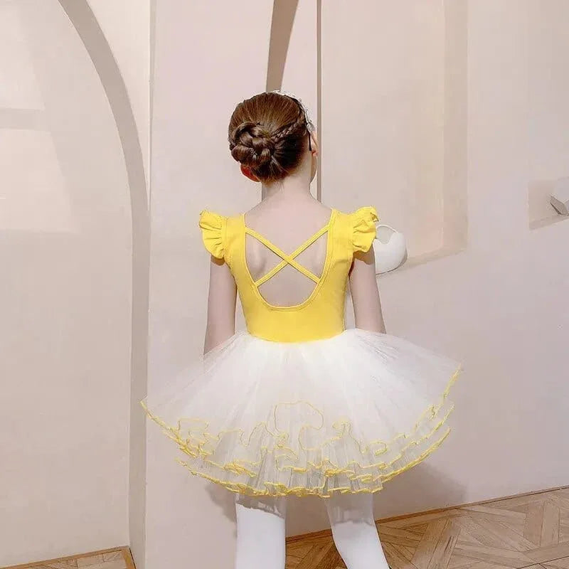 girls ballet tutu dress in yellow with ruffled sleeves and white tulle skirt with yellow trim for kids