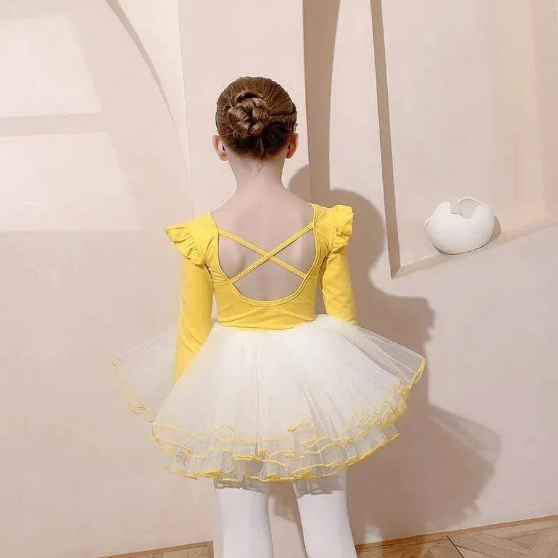 girls ballet tutu dress with yellow long sleeve top and white tutu with yellow trim for kids