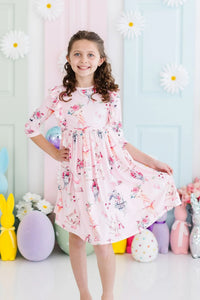 Girls pink floral ballet twirl dress with 3/4 sleeves by Mila & Rose for ages 6-8