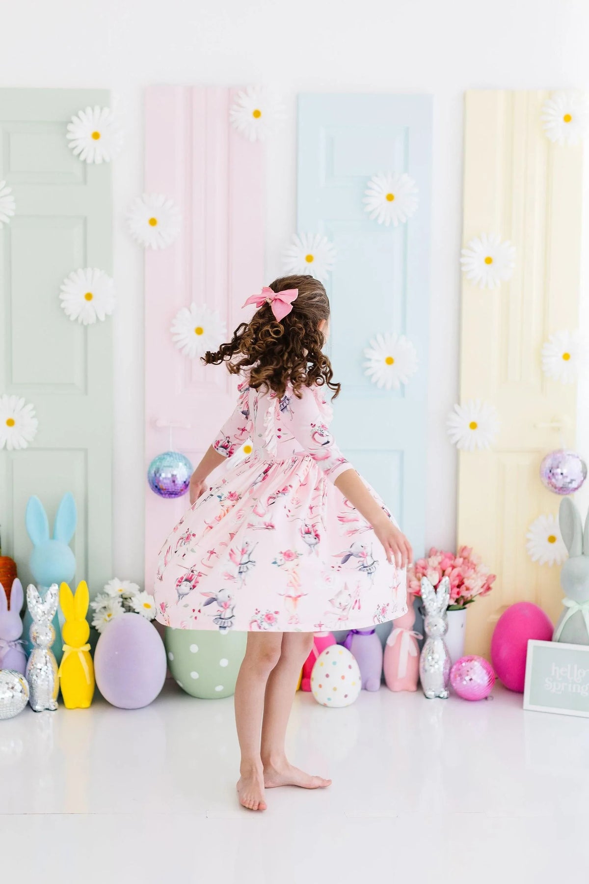 Girls pink Mila Rose twirl ruffle dress 3/4 sleeve with ballet print and bow for ages 4-6
