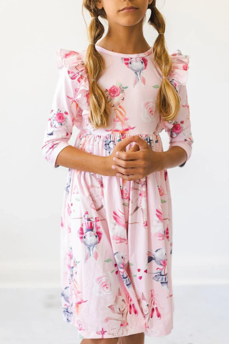 Pink girls ballet twirl dress 3/4 sleeve with ruffle details and ballerina print