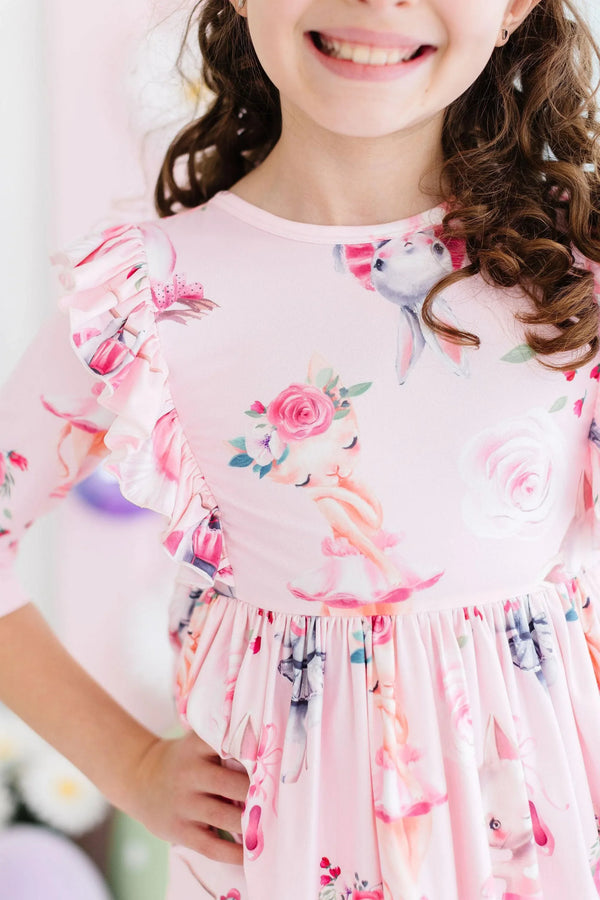 Girls pink Mila & Rose ballet twirl dress with floral and ballerina print 3 quarter sleeve