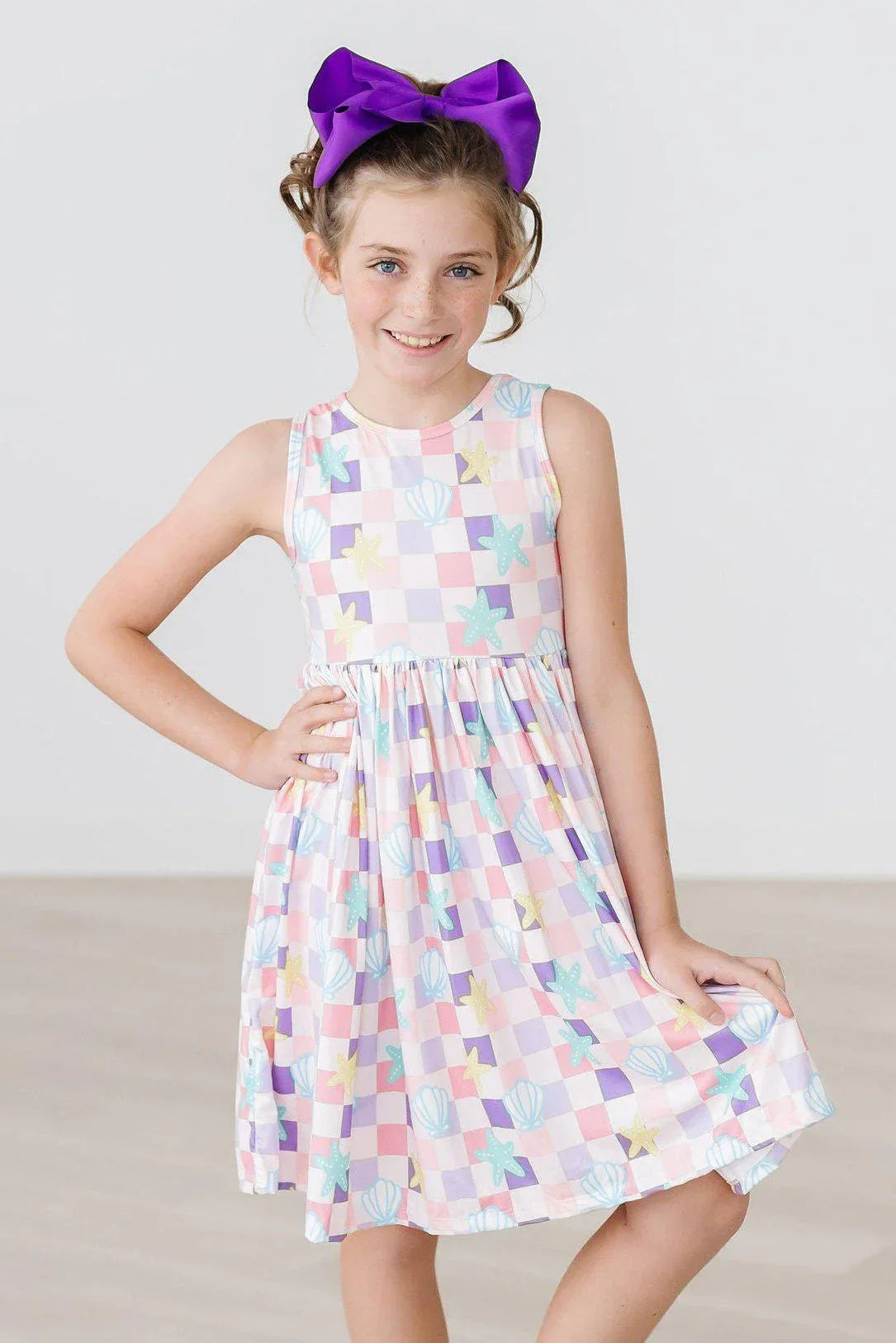Girls pastel multicolor twirl tank dress with star and shell print for summer girls beach dress