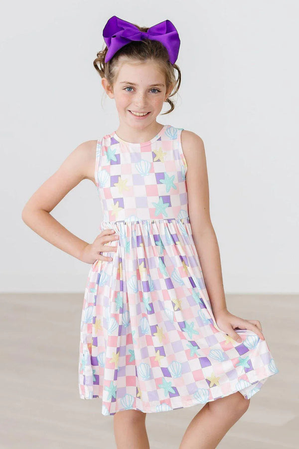 Girls pastel multicolor twirl tank dress with star and shell print for summer girls beach dress