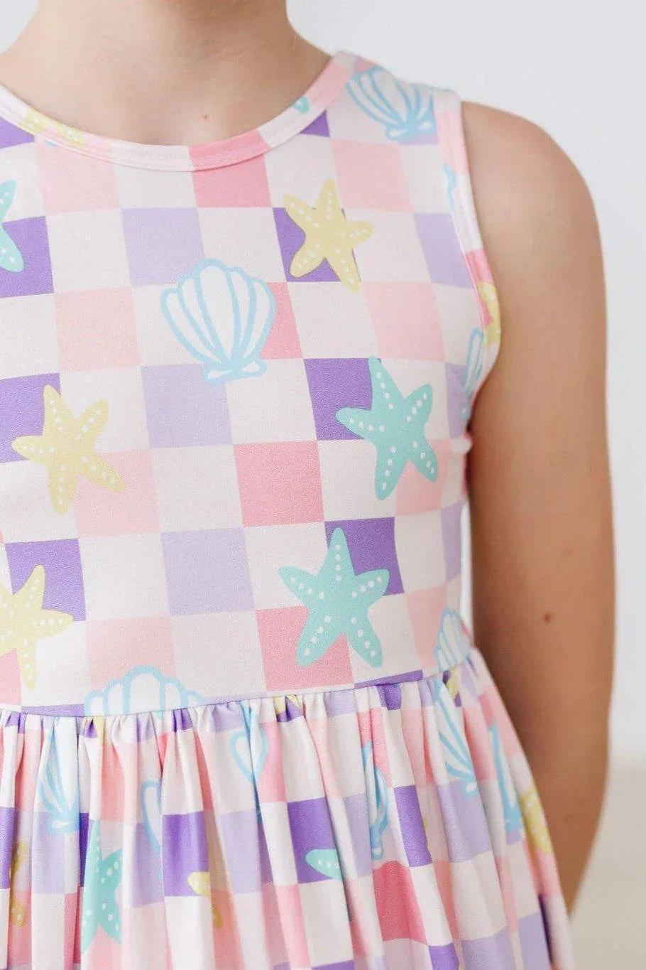 Girls pastel pink and purple twirl tank dress with starfish and seashell pattern girls beach dress for toddlers
