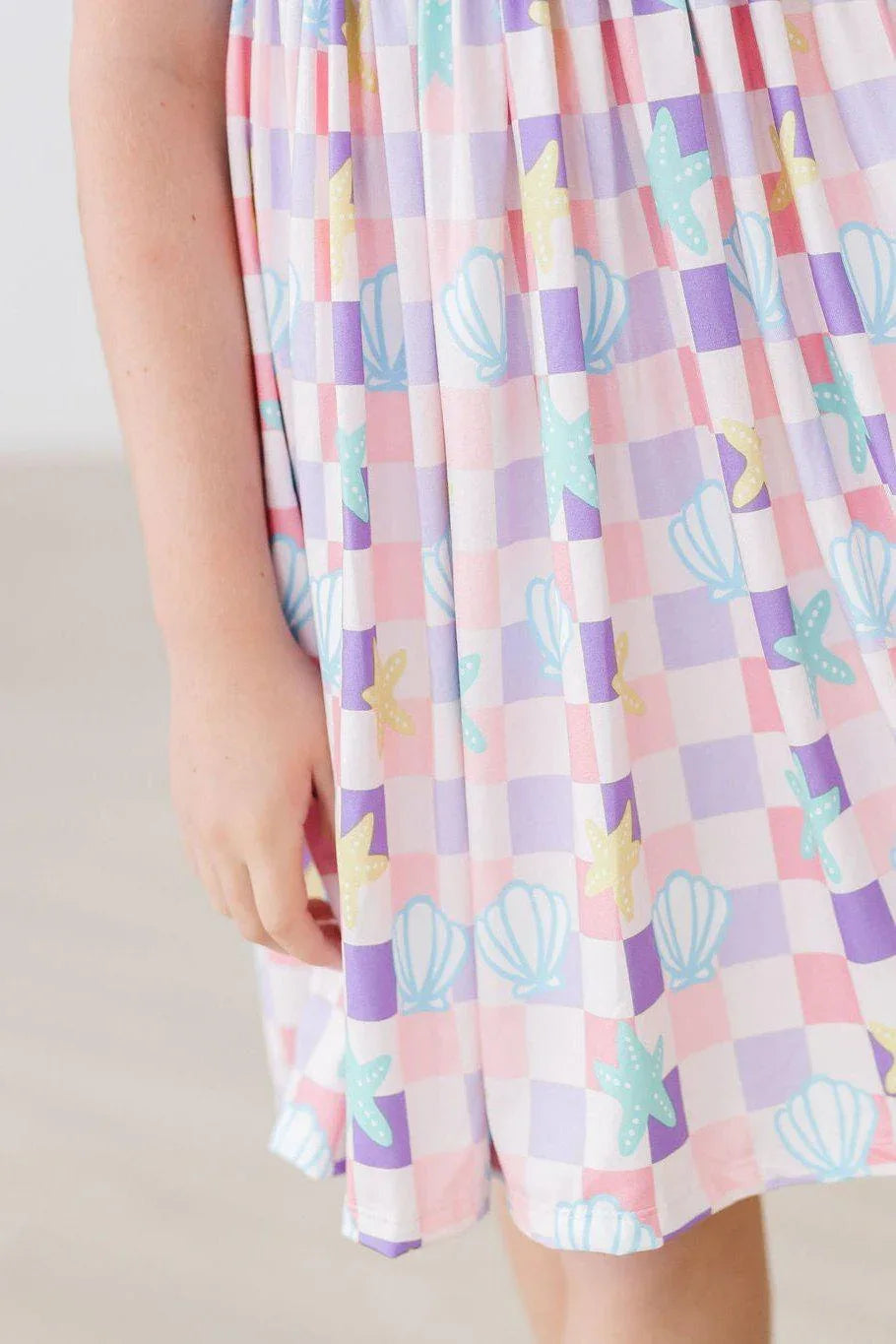 Girls pastel pink and purple twirl tank dress with seashell and starfish print, girls beach dress