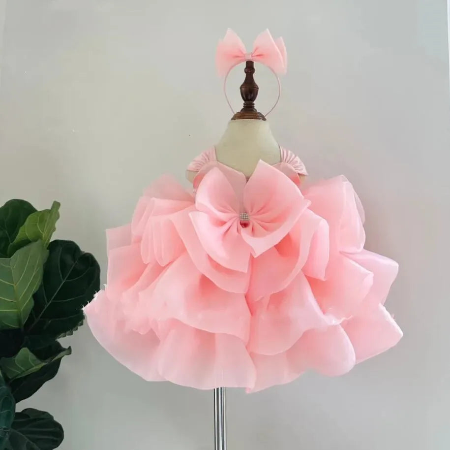 Pink girls beaded formal dress toddler with large bow and ruffled layers, size for toddlers