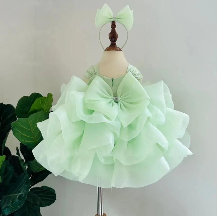 Mint green girls beaded formal dress toddler with ruffled layers and large bow detail