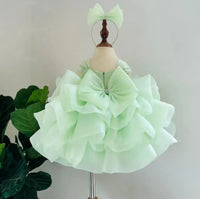 Mint green girls beaded formal dress toddler with ruffled layers and large bow detail